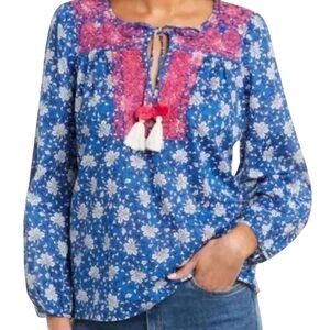 J. Crew Blue/White Cotton Voile Peasant Top with Pink Cross Stitch Embroidery